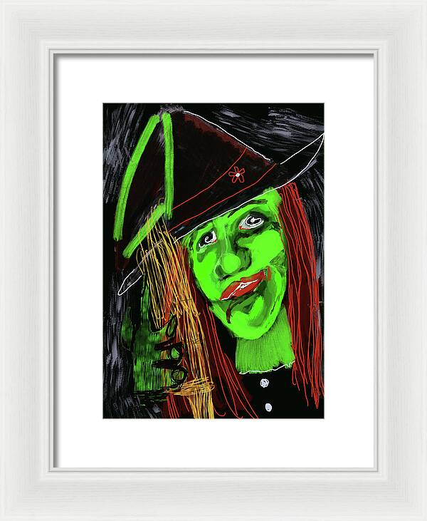 Green Witch with a Broom - Framed Print