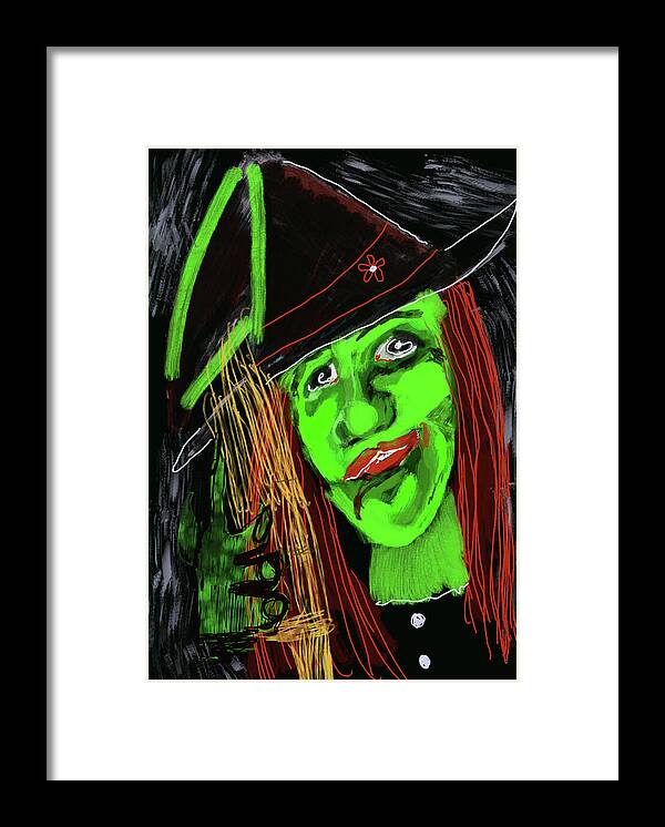 Green Witch with a Broom - Framed Print