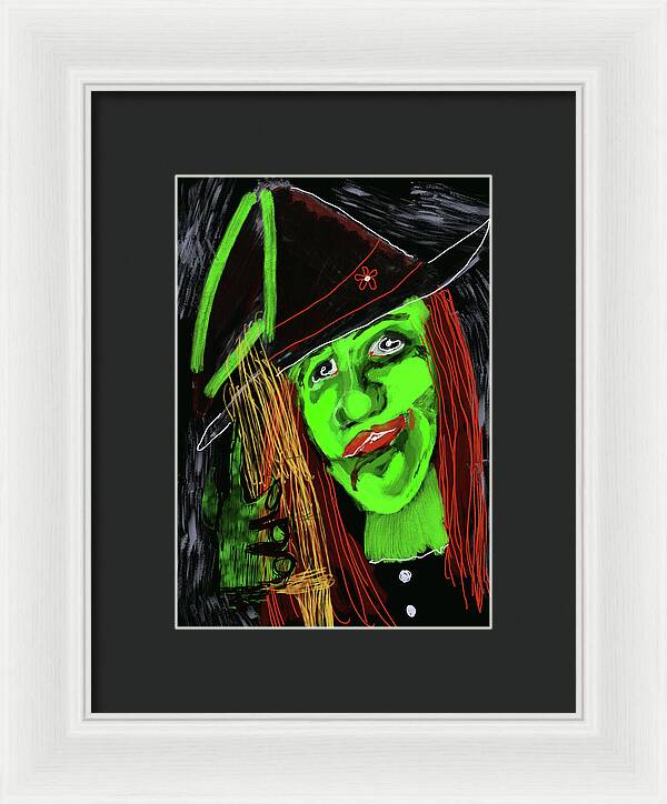 Green Witch with a Broom - Framed Print