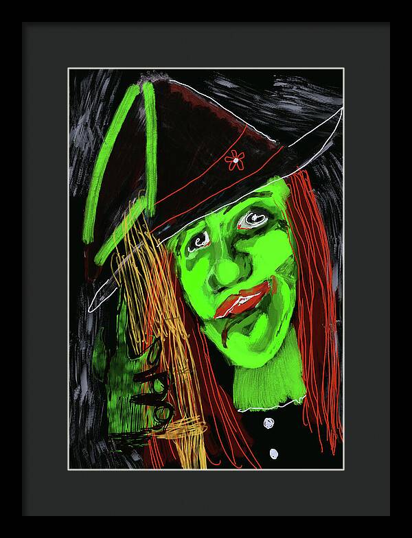 Green Witch with a Broom - Framed Print
