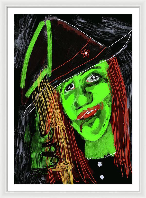 Green Witch with a Broom - Framed Print