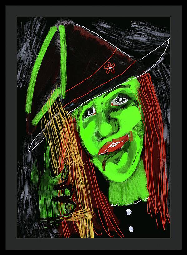Green Witch with a Broom - Framed Print