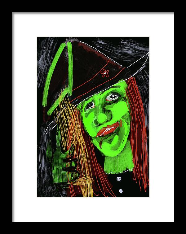 Green Witch with a Broom - Framed Print