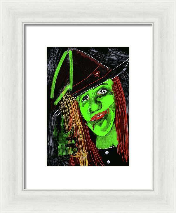 Green Witch with a Broom - Framed Print