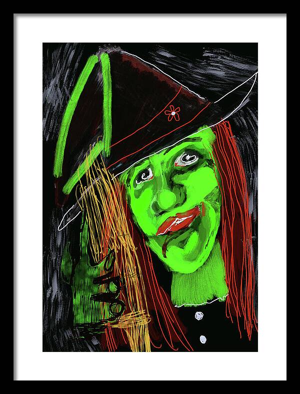 Green Witch with a Broom - Framed Print
