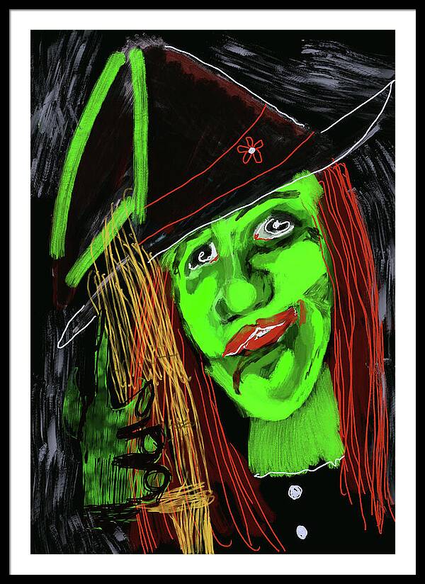 Green Witch with a Broom - Framed Print