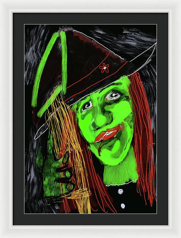 Green Witch with a Broom - Framed Print