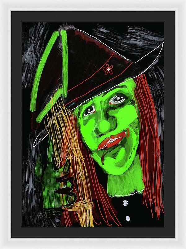 Green Witch with a Broom - Framed Print