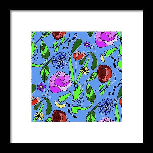 Mixed Floral on Blue - Framed Print