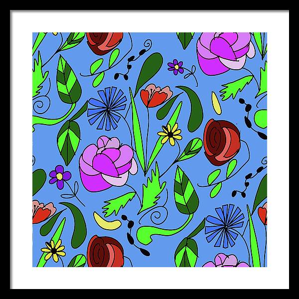 Mixed Floral on Blue - Framed Print