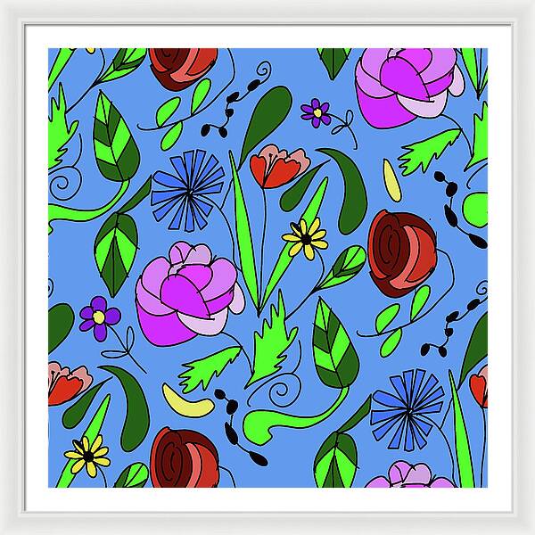 Mixed Floral on Blue - Framed Print