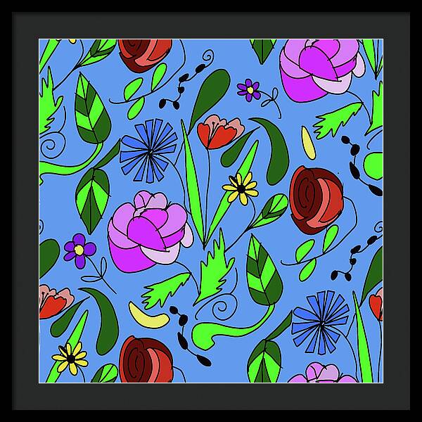 Mixed Floral on Blue - Framed Print