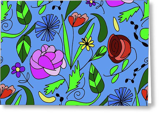 Mixed Floral on Blue - Greeting Card