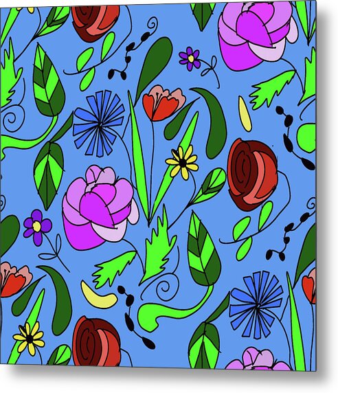 Mixed Floral on Blue - Metal Print
