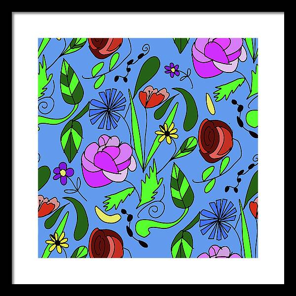 Mixed Floral on Blue - Framed Print
