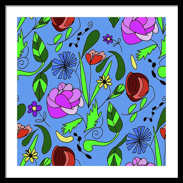 Mixed Floral on Blue - Framed Print