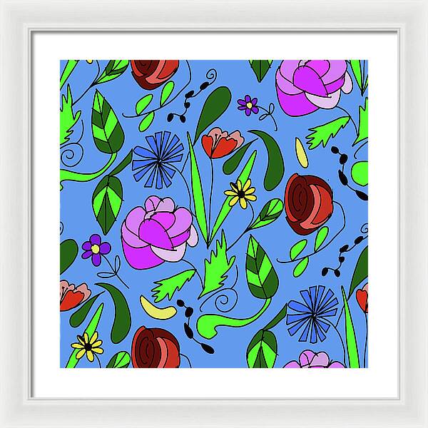 Mixed Floral on Blue - Framed Print