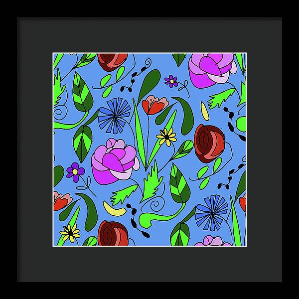Mixed Floral on Blue - Framed Print
