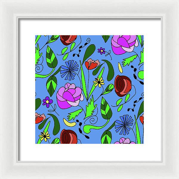 Mixed Floral on Blue - Framed Print