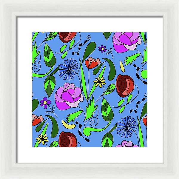 Mixed Floral on Blue - Framed Print
