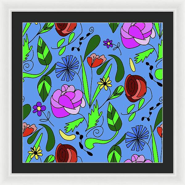 Mixed Floral on Blue - Framed Print