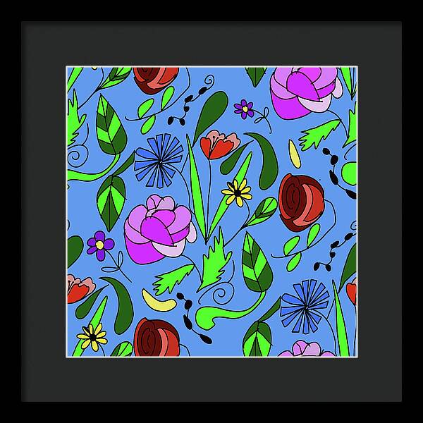 Mixed Floral on Blue - Framed Print