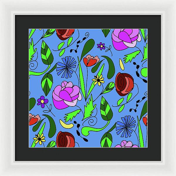 Mixed Floral on Blue - Framed Print
