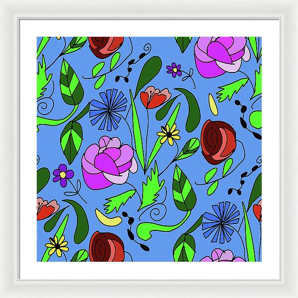 Mixed Floral on Blue - Framed Print