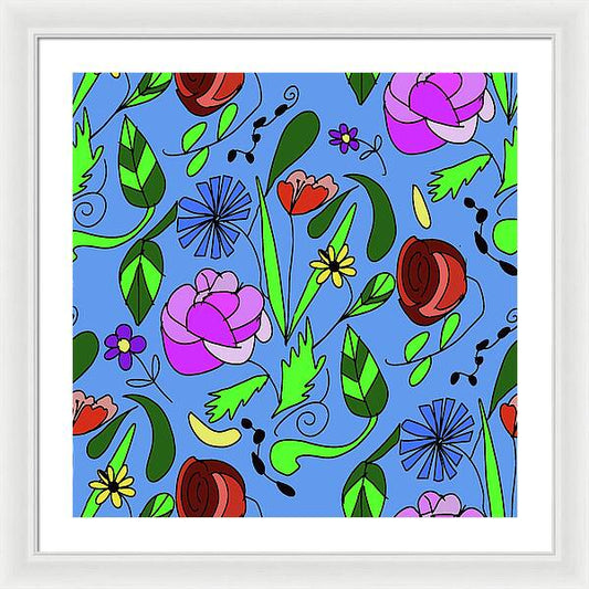 Mixed Floral on Blue - Framed Print