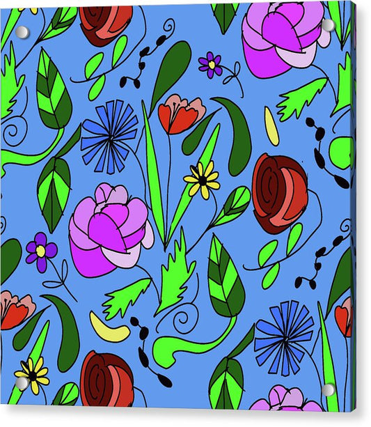 Mixed Floral on Blue - Acrylic Print