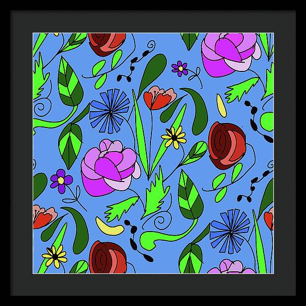 Mixed Floral on Blue - Framed Print