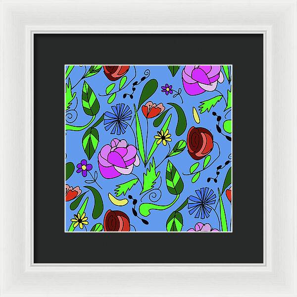 Mixed Floral on Blue - Framed Print