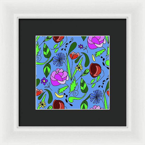 Mixed Floral on Blue - Framed Print