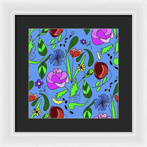 Mixed Floral on Blue - Framed Print