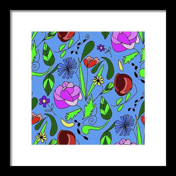 Mixed Floral on Blue - Framed Print