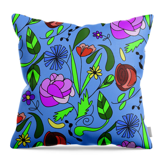 Mixed Floral on Blue - Throw Pillow