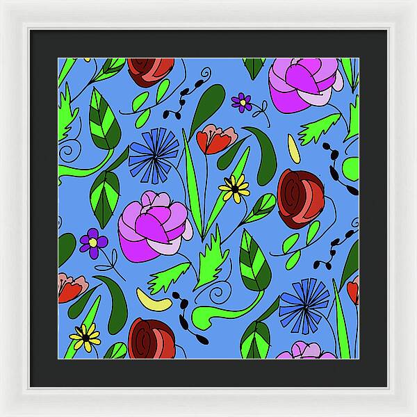 Mixed Floral on Blue - Framed Print