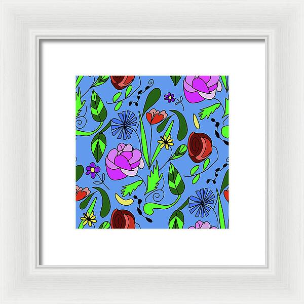 Mixed Floral on Blue - Framed Print