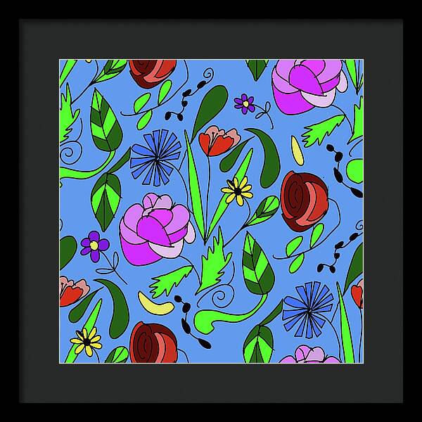 Mixed Floral on Blue - Framed Print