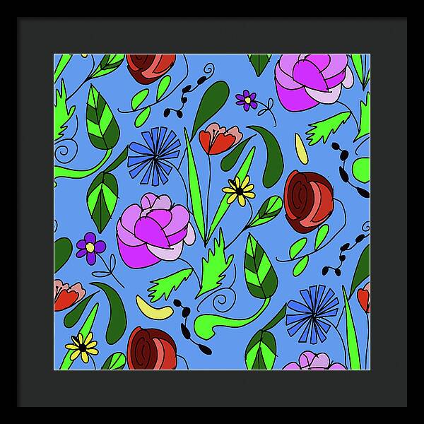 Mixed Floral on Blue - Framed Print