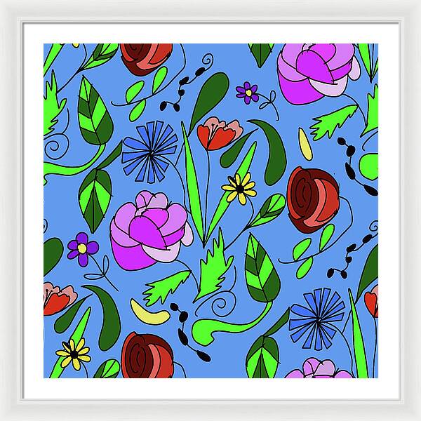 Mixed Floral on Blue - Framed Print