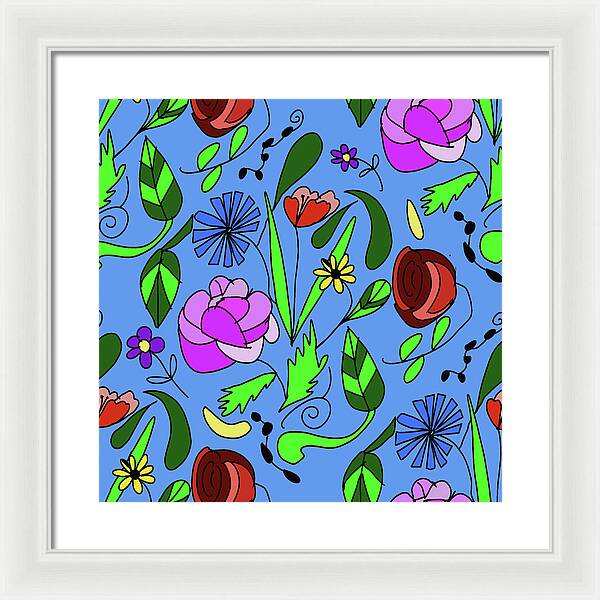 Mixed Floral on Blue - Framed Print