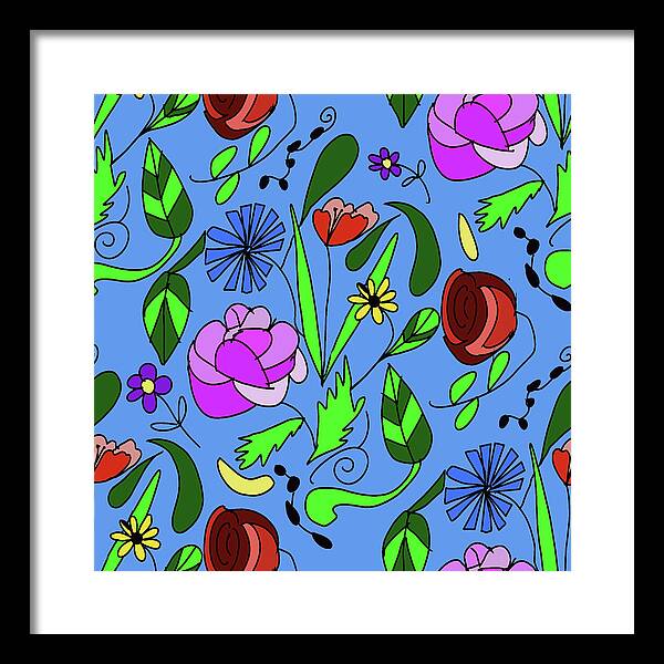 Mixed Floral on Blue - Framed Print