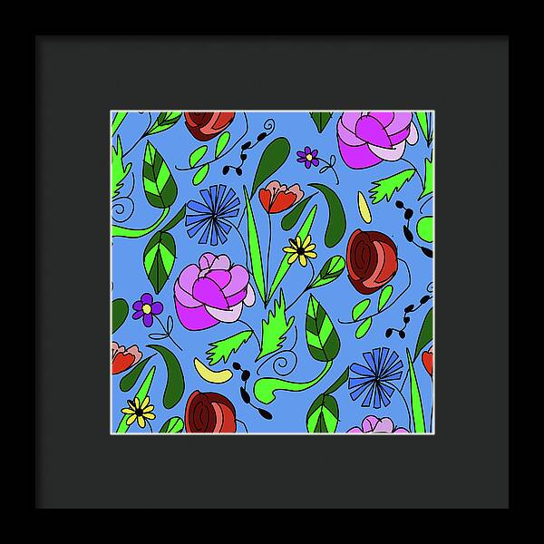 Mixed Floral on Blue - Framed Print