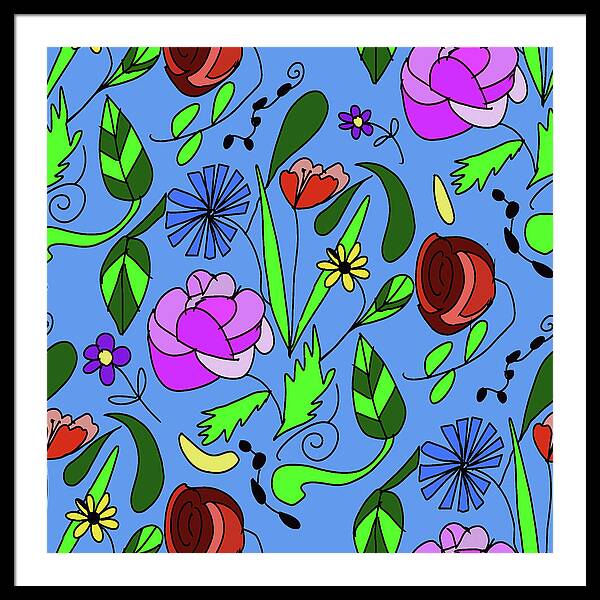 Mixed Floral on Blue - Framed Print