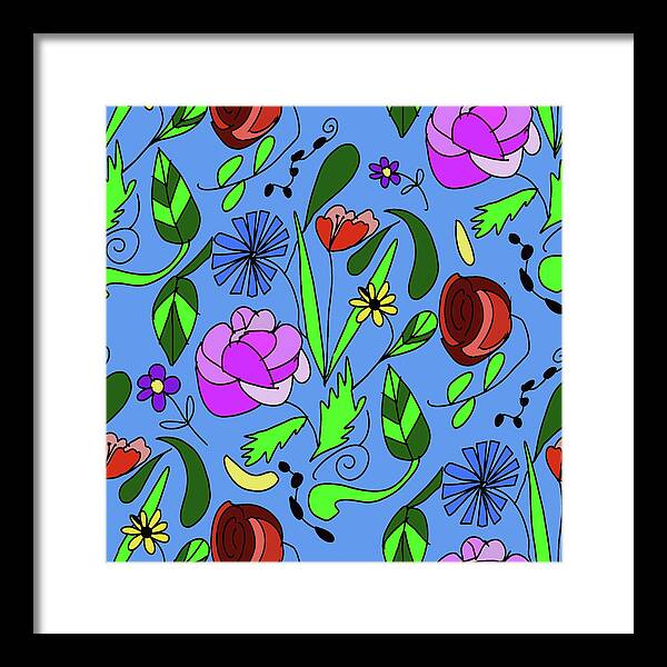 Mixed Floral on Blue - Framed Print