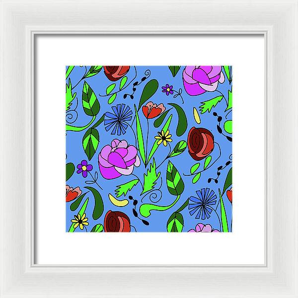 Mixed Floral on Blue - Framed Print