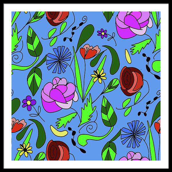 Mixed Floral on Blue - Framed Print