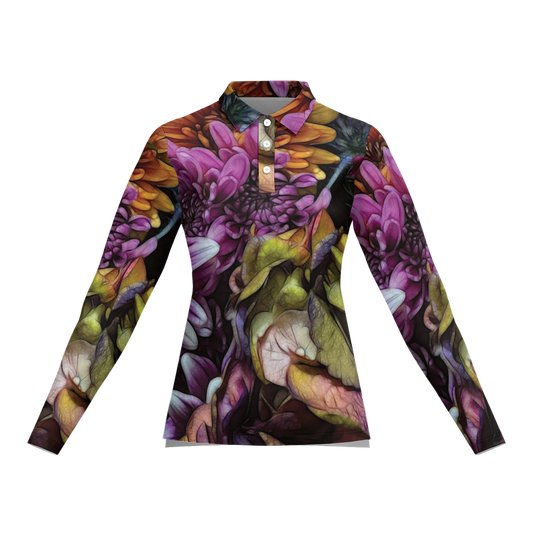 October Flowers 6 Women's Classic Fit Long-Sleeve Polo Shirt-Cotton Feel 200g