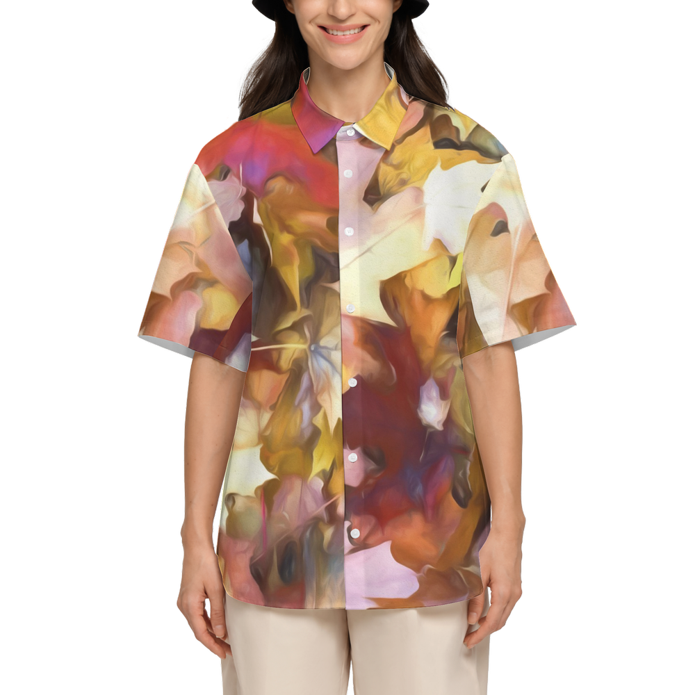 Fall Leaves Bright Women's Short-Sleeve Button-Up Shirt-Cotton Feel
